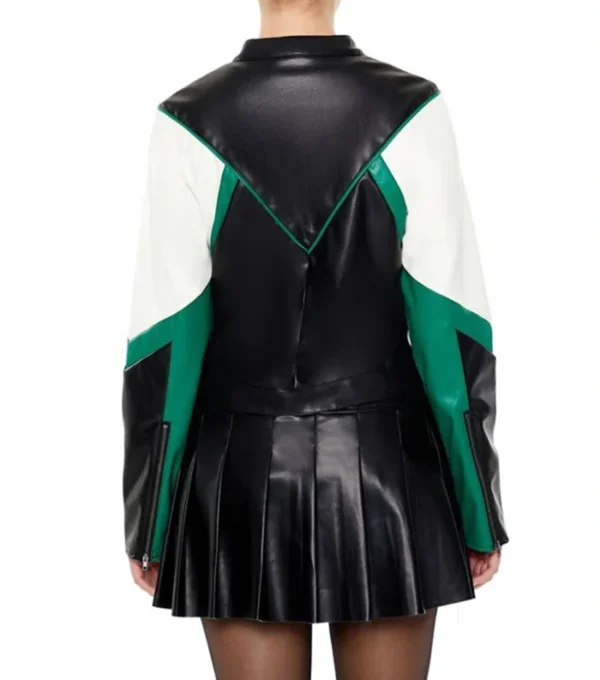 Womens Color Block Leather Jacket Black Green And White Back