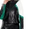 Womens Color Block Leather Jacket Black Green And White Front