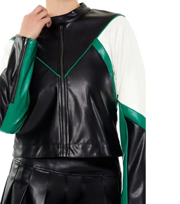 Womens Color Block Leather Jacket Black Green And White Front