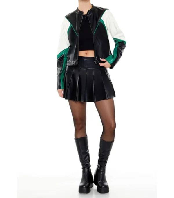 Womens Color Block Leather Jacket Black Green And White Front Look