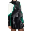 Womens Color Block Leather Jacket Black Green And White Side