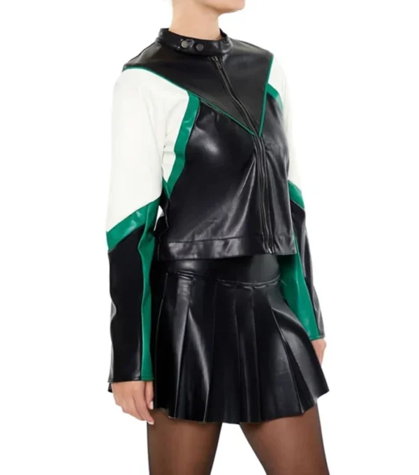 Womens Color Block Leather Jacket Black Green And White Side