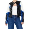 Womens Color Block Leather Jacket Black White And Blue