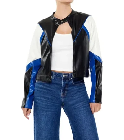 Womens Color Block Leather Jacket Black White And Blue