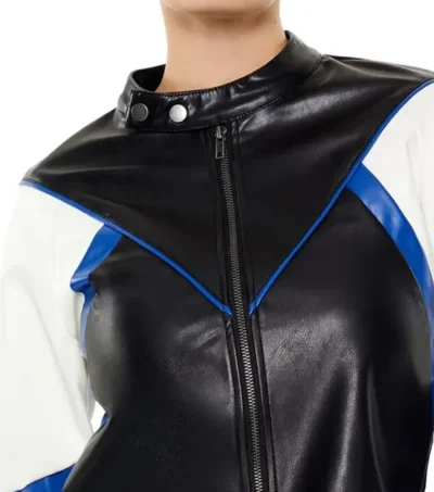 Womens Color Block Leather Jacket Black White And Blue Closer