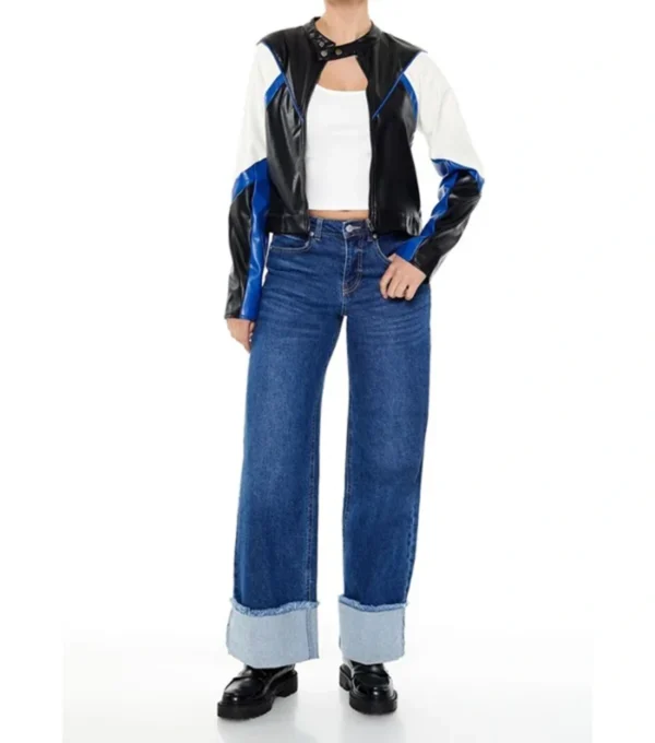 Womens Color Block Leather Jacket Black White And Blue Front