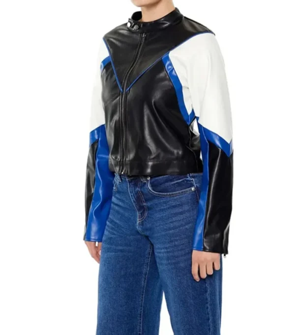 Womens Color Block Leather Jacket Black White And Blue Side Look
