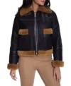 Womens Shearling Leather Jacket With Fur Trim Black And Brown