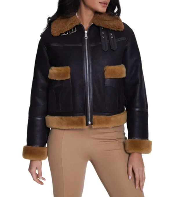 Womens Shearling Leather Jacket With Fur Trim Black And Brown