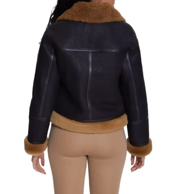 Womens Shearling Leather Jacket With Fur Trim Black And Brown Back