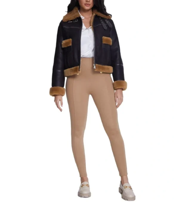Womens Shearling Leather Jacket With Fur Trim Black And Brown Front