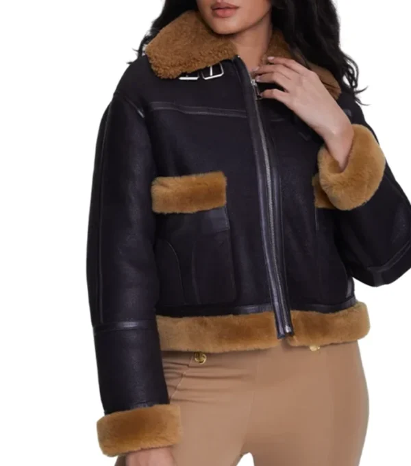 Womens Shearling Leather Jacket With Fur Trim Black And Brown Side Look