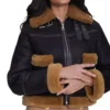 Womens Shearling Leather Jacket With Fur Trim Black And Brown on Sale