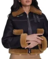 Womens Shearling Leather Jacket With Fur Trim Black And Brown on Sale