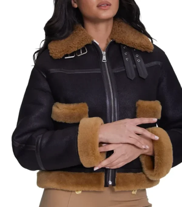 Womens Shearling Leather Jacket With Fur Trim Black And Brown on Sale