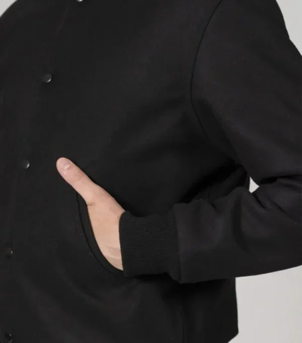 Zavien Classic Black Wool Snap Varsity Jacket Closer
