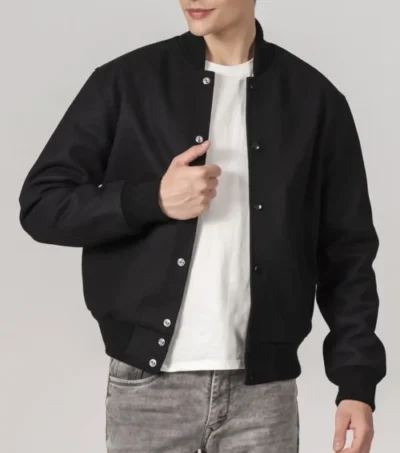 Zavien Classic Black Wool Snap Varsity Jacket Front