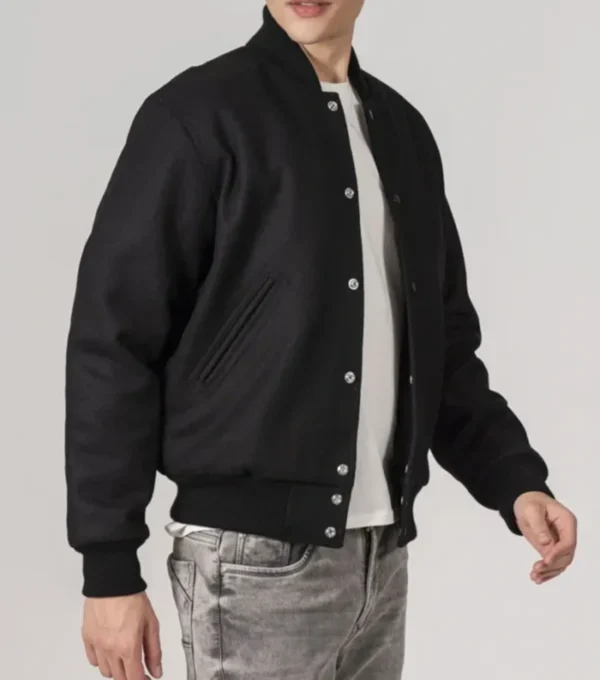 Zavien Classic Black Wool Snap Varsity Jacket Side Look