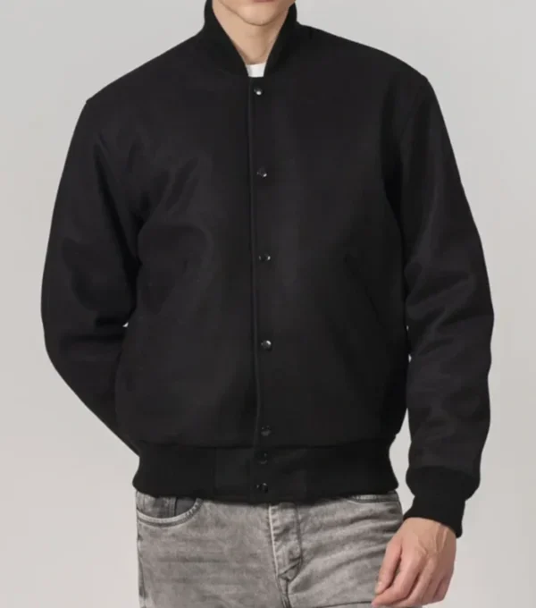 Zavien Classic Black Wool Snap Varsity Jacket on Sale