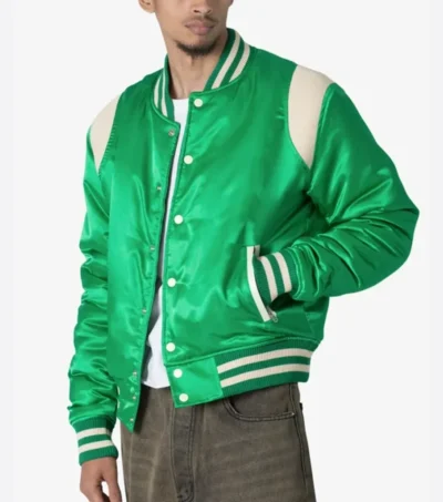 Zayric Green Satin Snap Tab Varsity Jacket Side Look