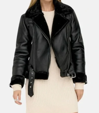 Zeraya Black Biker Leather with Fur Trim Jacket