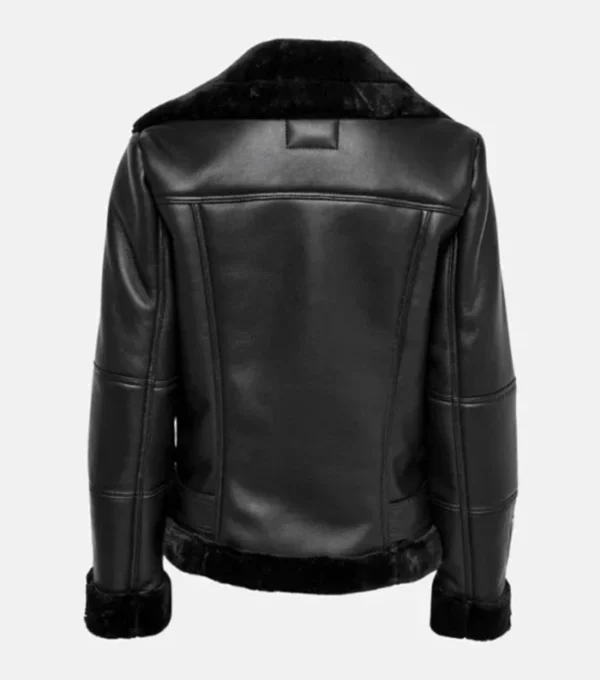 Zeraya Black Biker Leather with Fur Trim Jacket Back