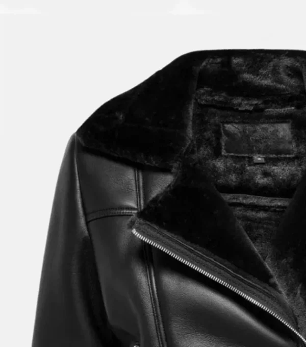 Zeraya Black Biker Leather with Fur Trim Jacket Closer