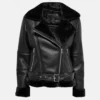 Zeraya Black Biker Leather with Fur Trim Jacket Front