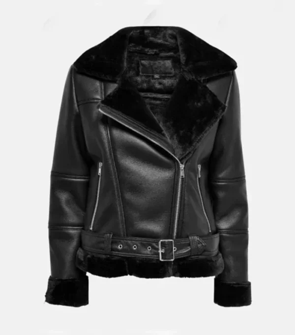 Zeraya Black Biker Leather with Fur Trim Jacket Front