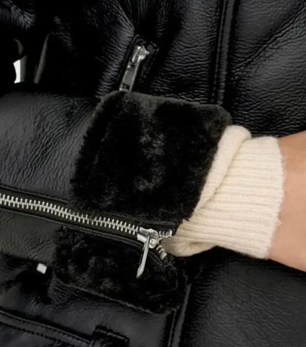 Zeraya Black Biker Leather with Fur Trim Jacket Side Look