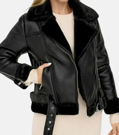 Zeraya Black Biker Leather with Fur Trim Jacket on Sale