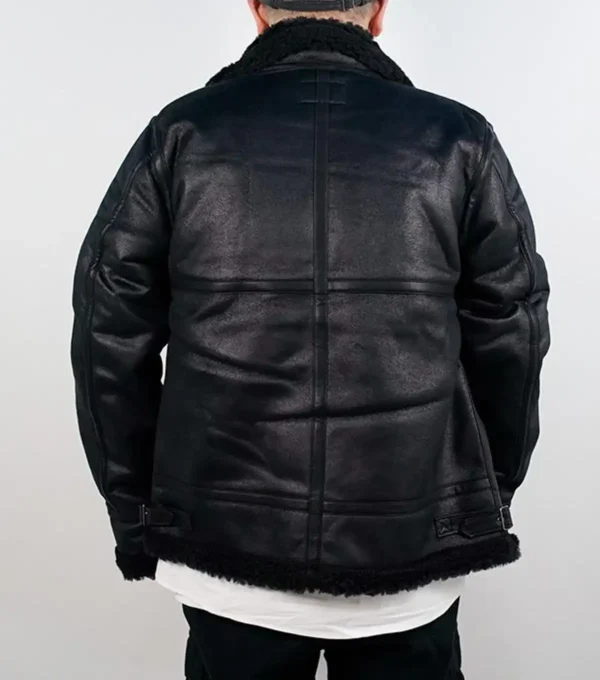 Calzen Black Fur Lined Leather Bomber Jacket Back