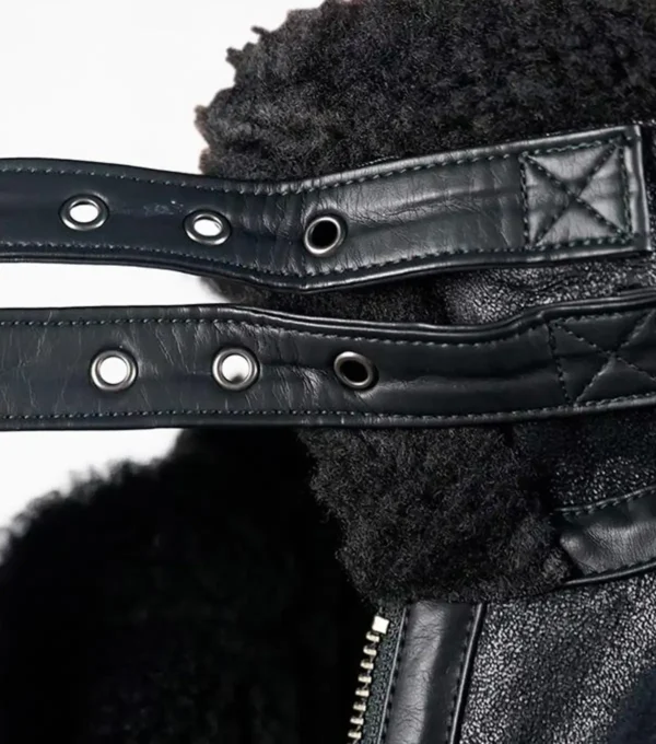 Calzen Black Fur Lined Leather Bomber Jacket Closer