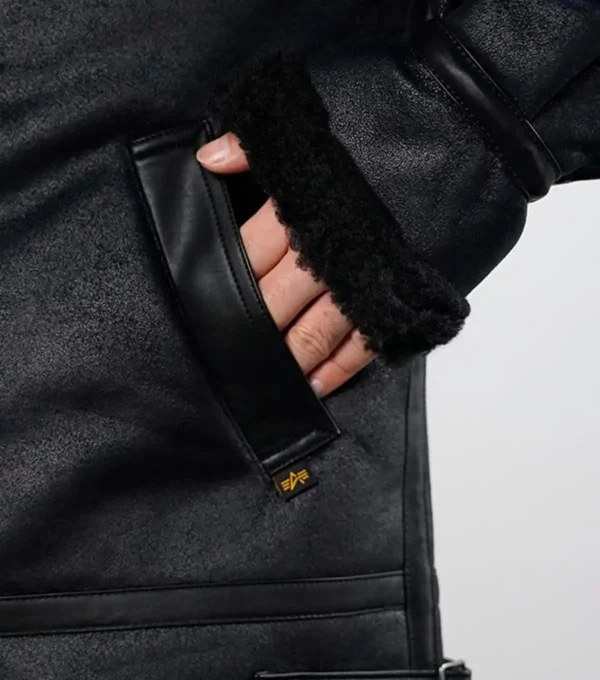 Calzen Black Fur Lined Leather Bomber Jacket Pocket