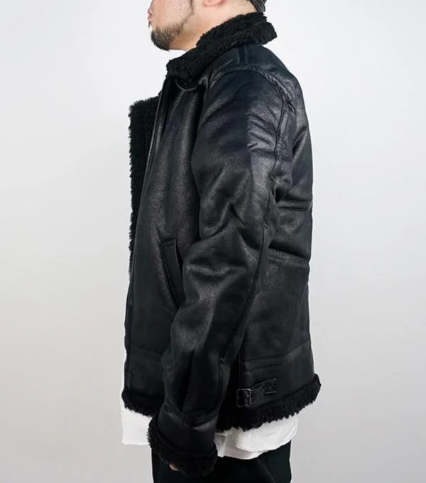 Calzen Black Fur Lined Leather Bomber Jacket Side Look