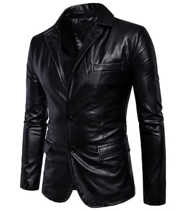 Corvin Vegan Leather Black Blazer Side Look