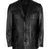 Daevon Black Leather Coat with Lapel Collar