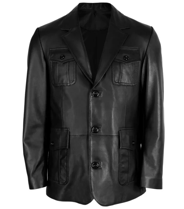 Daevon Black Leather Coat with Lapel Collar