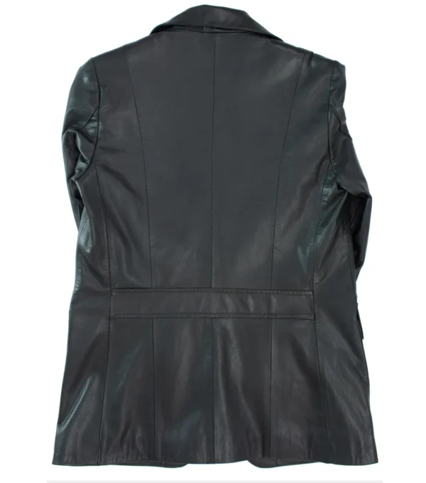 Daevon Black Leather Coat with Lapel Collar Back