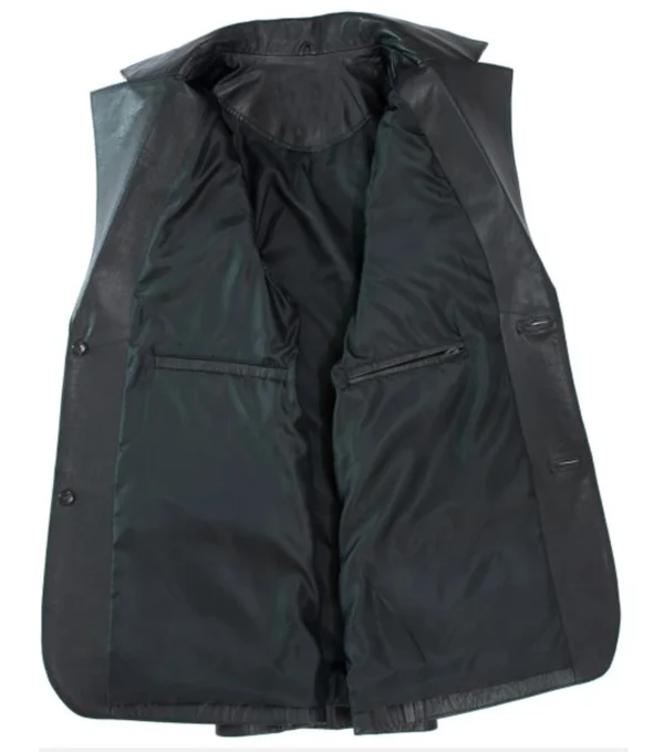 Daevon Black Leather Coat with Lapel Collar Inner