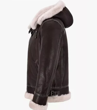 Dark Brown Leather B3 Jacket with Hood Side Look