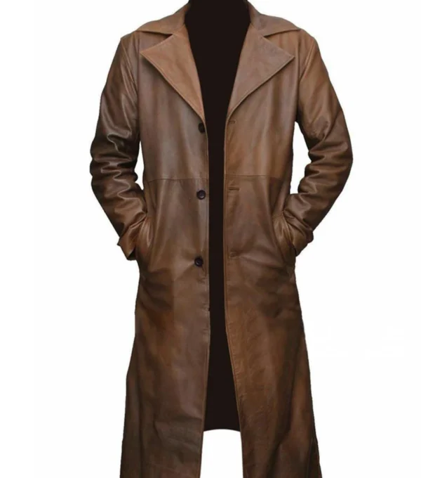 Darnell Brown Long Leather Lapel Collar Coat