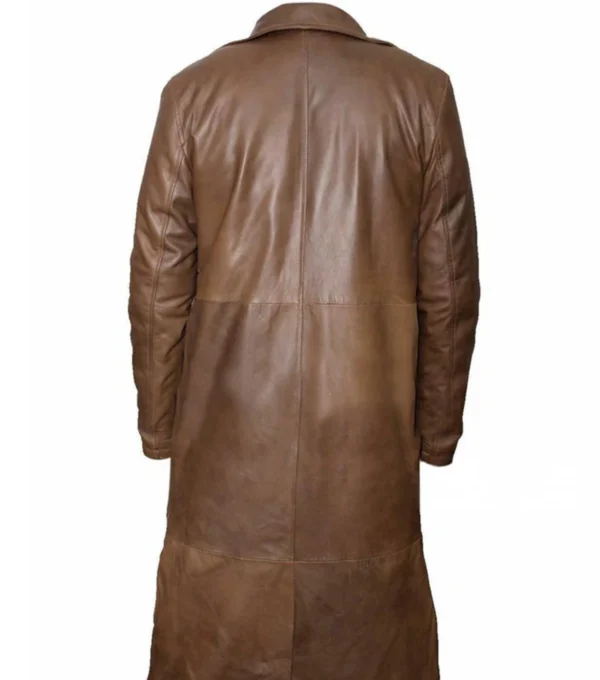 Darnell Brown Long Leather Lapel Collar Coat Back