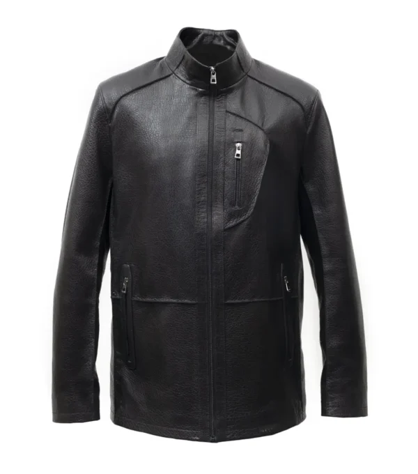 Denvor Erect Collar Zipper Leather Coat