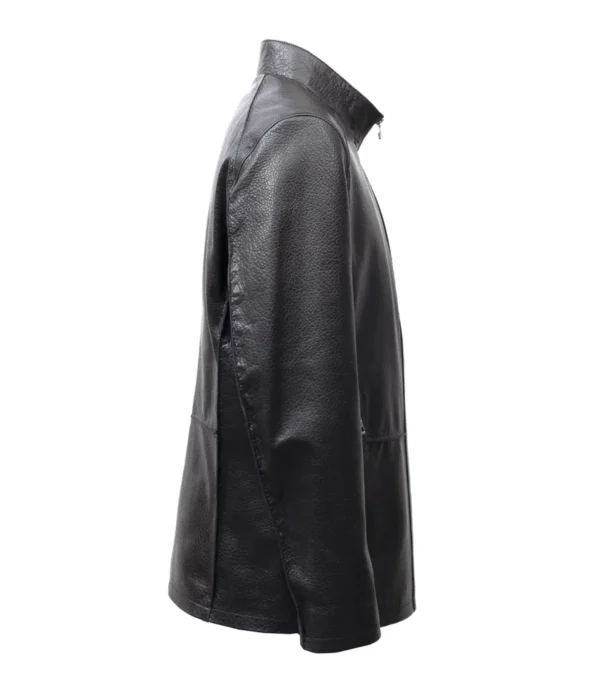 Denvor Erect Collar Zipper Leather Coat Side Look