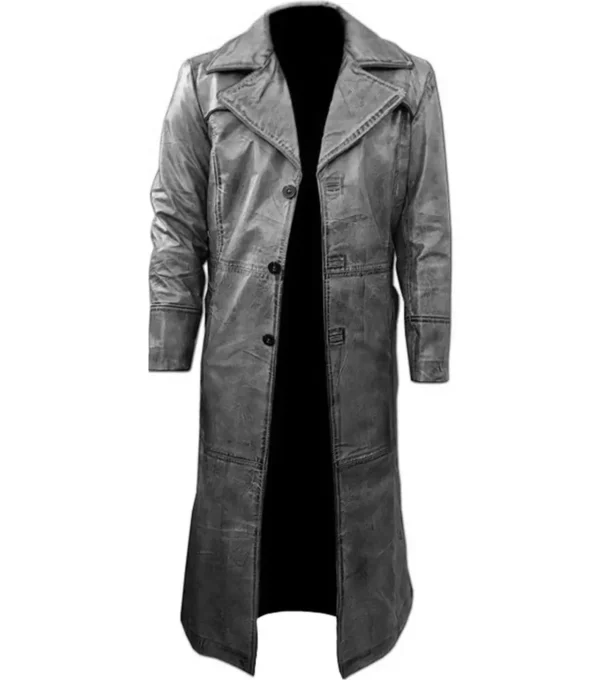 Distressed Grey and Black Leather Long Length Coat