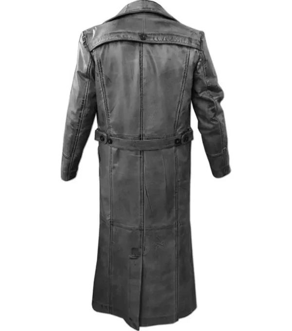 Distressed Grey and Black Leather Long Length Coat Back