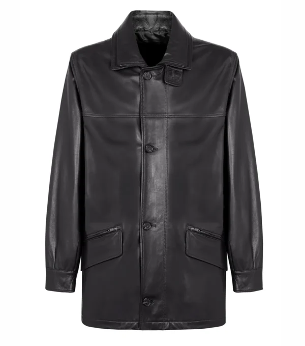 Dravon Black Button Closure Leather Coat