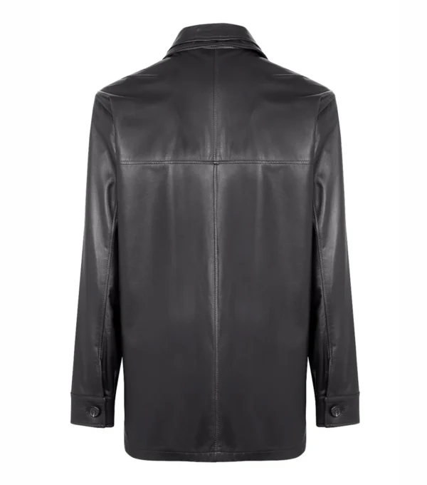 Dravon Black Button Closure Leather Coat Back