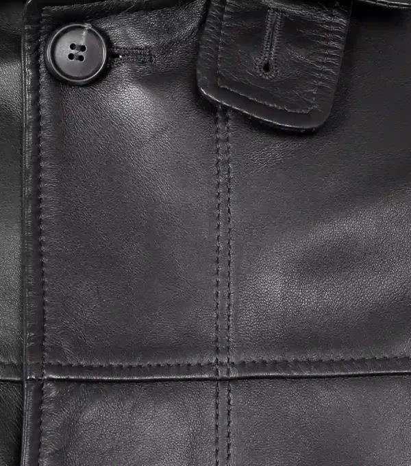 Dravon Black Button Closure Leather Coat Front